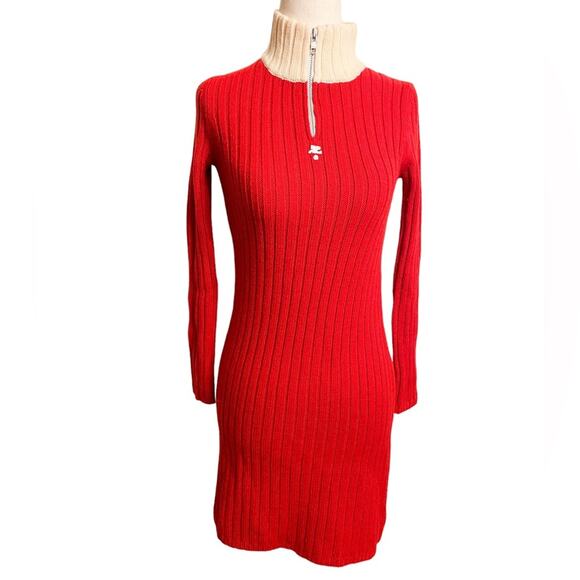 Vintage 1970’s Courreges 21 Ribbed Mock Neck 1/4 Zip Sweater Dress Mod 38 Red - Picture 1 of 7